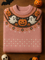 Women's Vintage Halloween Ghost Pumpkin Art Print Long Sleeve Sweatshirt