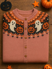 Women's Vintage Halloween Ghost Pumpkin Art Print Long Sleeve Cardigan-Style Knit Jacket