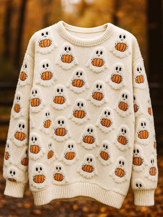 Women's Vintage Halloween Ghost Pumpkin Art Print Long Sleeve Sweatshirt