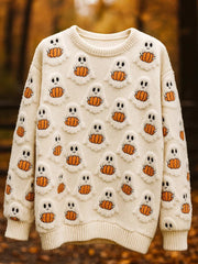 Women's Vintage Halloween Ghost Pumpkin Art Print Long Sleeve Sweatshirt