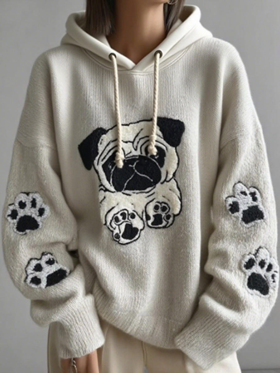 Women's Cute Pug Embroidery Art Loose Comfortable Knitted Oversized Hooded Sweatshirt