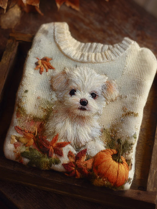 Women's Autumn Dog Embroidery Raglan Print Knit Sweater