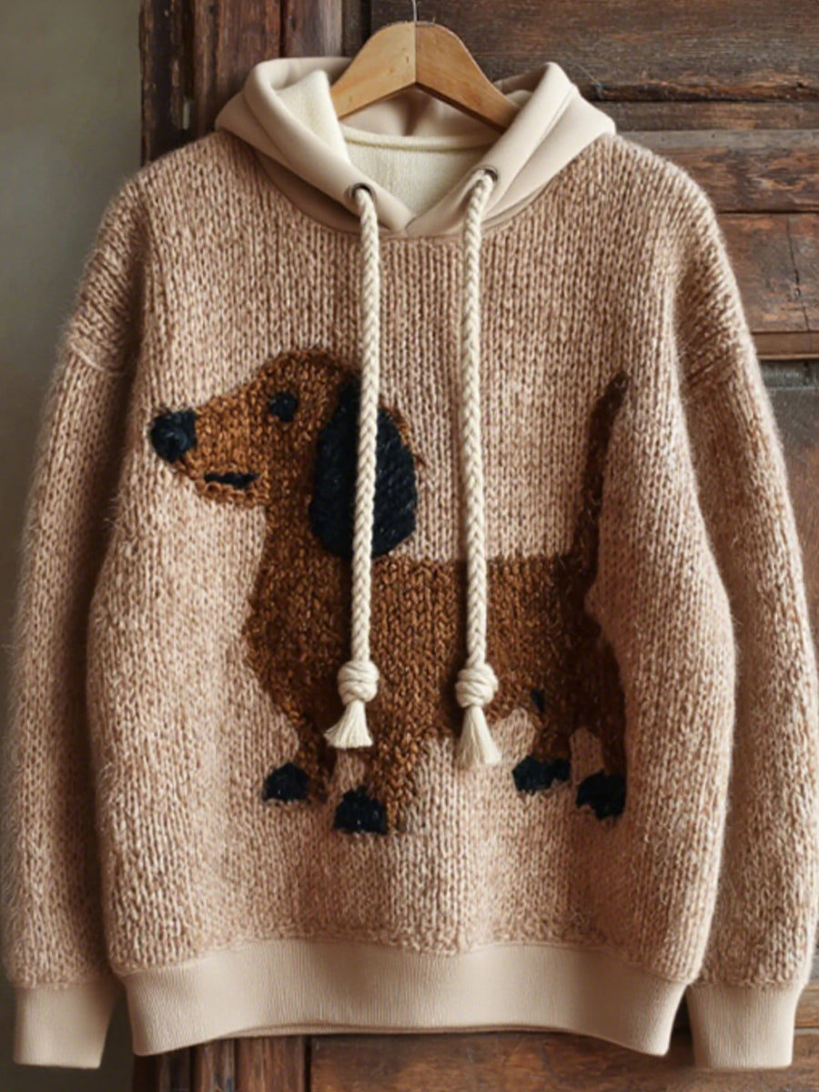 Women's Cute Dachshund Knitted Comfortable Oversized Hooded Sweatshirt