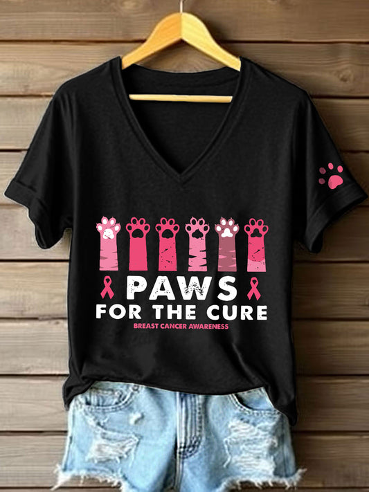 Women's Paws For The Cure Breast Cancer Awareness V-Neck T-Shirt