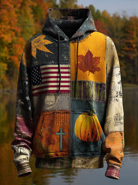 Men's Retro Casual Faith Cross Art Print Oversized Drop-Shoulder Pockets Hoodie