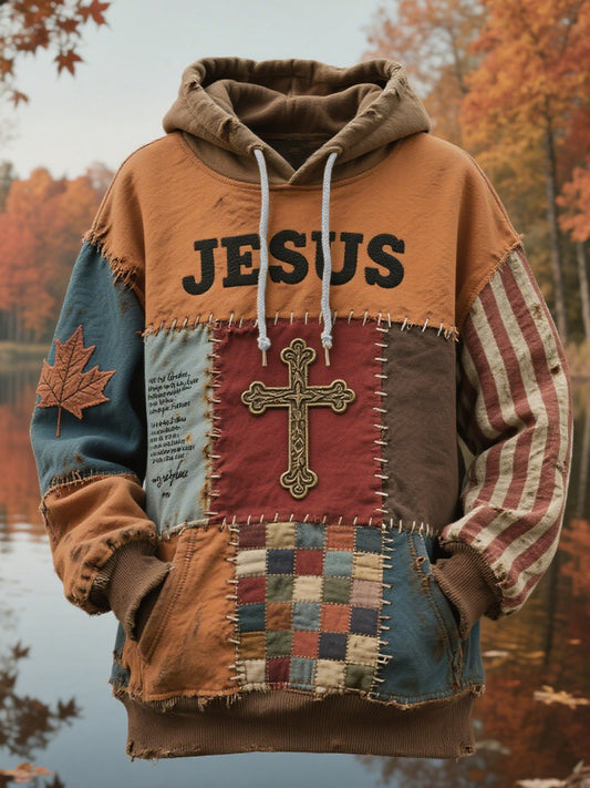 Men's Retro Casual Faith Cross Art Print Oversized Drop-Shoulder Pockets Hoodie