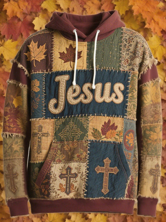 Men's Retro Casual Faith Cross Art Print Oversized Drop-Shoulder Pockets Hoodie