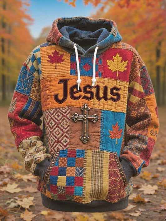 Men's Retro Casual Faith Cross Art Print Oversized Drop-Shoulder Pockets Hoodie