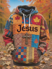 Men's Retro Casual Faith Cross Art Print Oversized Drop-Shoulder Pockets Hoodie