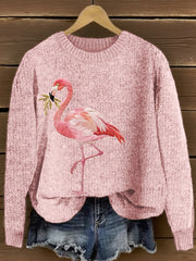 Women's Pink Flamingo Embroidered Knit Sweater
