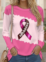 Women's Breast Cancer Awareness Rugby Ribbon Print Casual Long Sleeve T-shirt