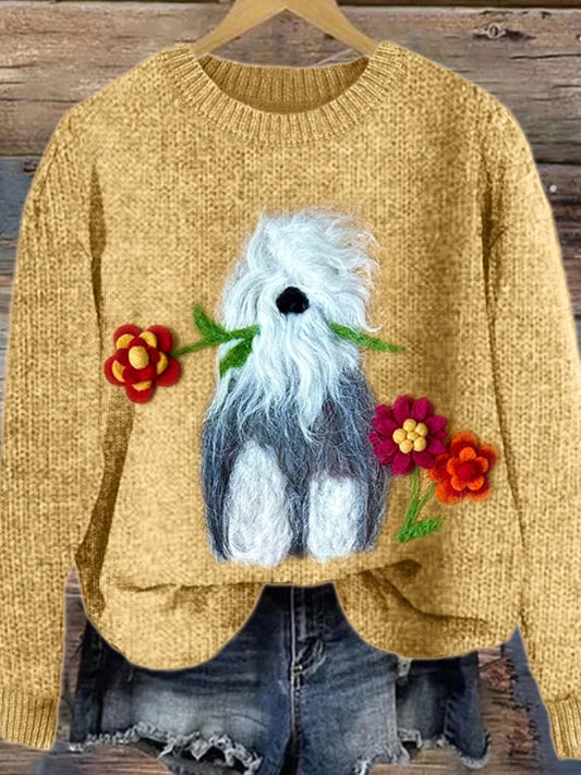 Women's Sheep Dog with Flowers Cozy Knit Sweater