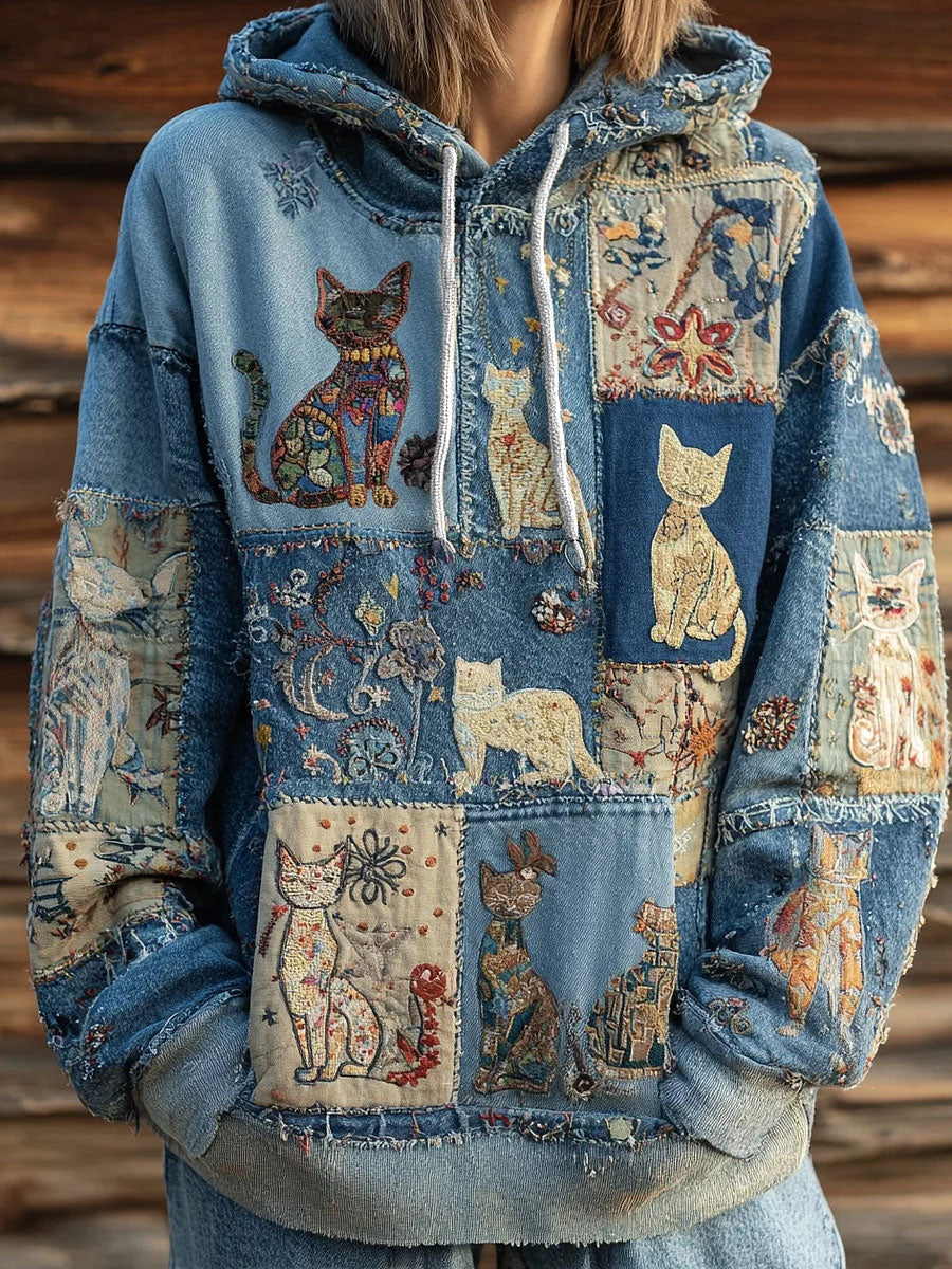 Women's Artistic Cat Print Casual Pocket Hoodie
