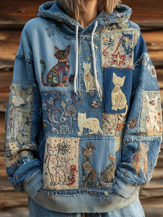 Women's Artistic Cat Print Casual Pocket Hoodie