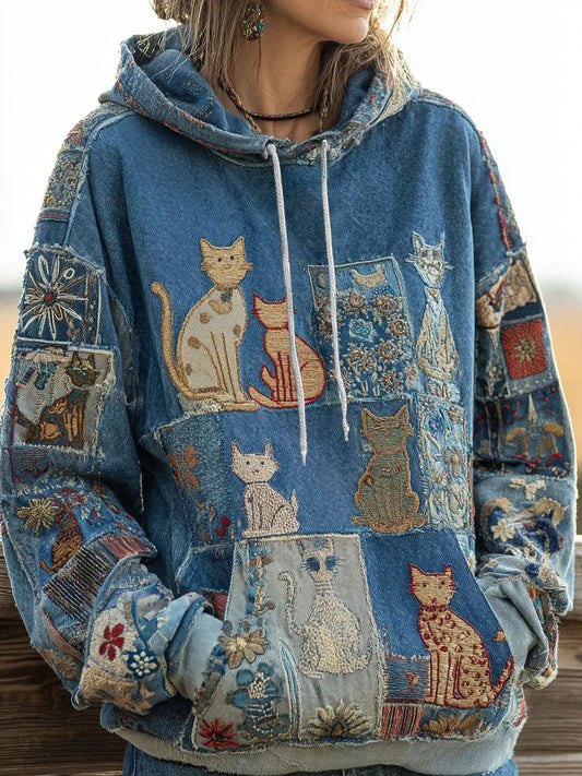 Women's Artistic Cat Print Casual Pocket Hoodie