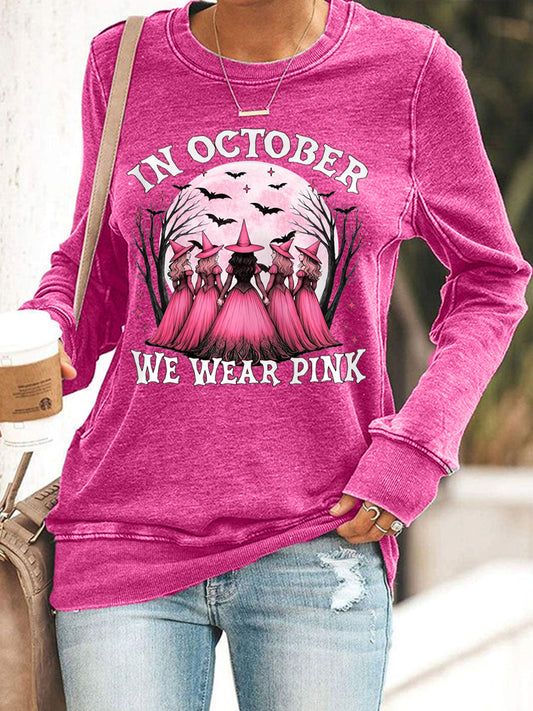 Women's In October We Wear Pink,Pink Halloween Witch Print Breast Cancer Awareness Sweatshirt