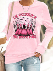 Women's In October We Wear Pink,Pink Halloween Witch Print Breast Cancer Awareness Sweatshirt