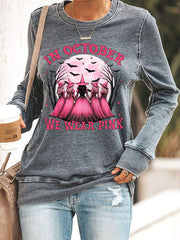Women's In October We Wear Pink,Pink Halloween Witch Print Breast Cancer Awareness Sweatshirt
