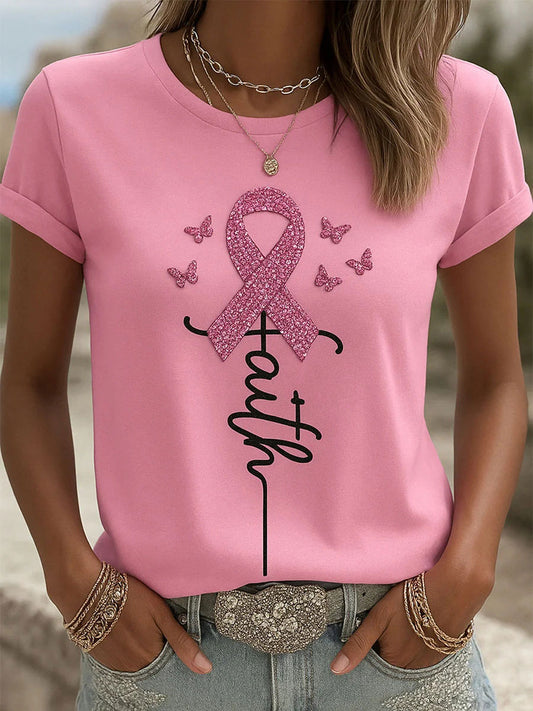 Women's Pink Ribbon Print Casual T-shirt