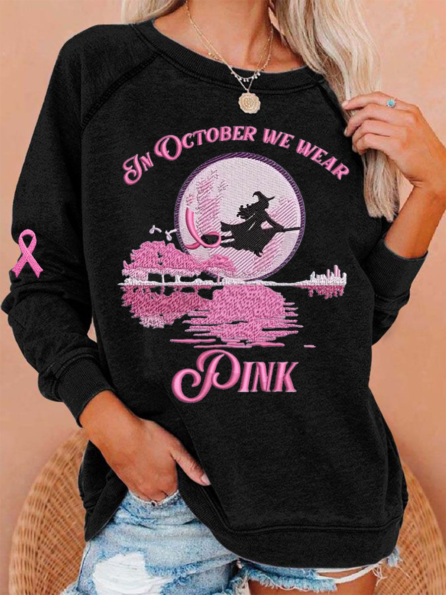 Women's In October We Wear Pink Halloween Witch Print Breast Cancer Awareness Sweatshirt