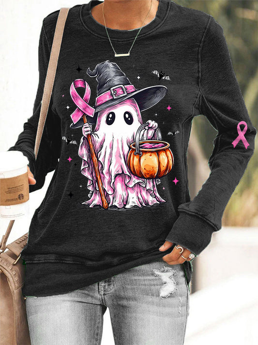 Women's In October We Wear Pink Halloween Pink Ghost Print Breast Cancer Awareness Support Sweatshirt