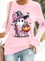 Women's In October We Wear Pink Halloween Pink Ghost Print Breast Cancer Awareness Support Sweatshirt