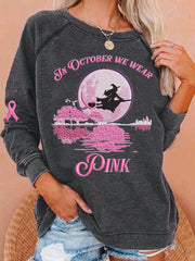 Women's In October We Wear Pink Halloween Witch Print Breast Cancer Awareness Sweatshirt