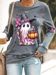 Women's In October We Wear Pink Halloween Pink Ghost Print Breast Cancer Awareness Support Sweatshirt