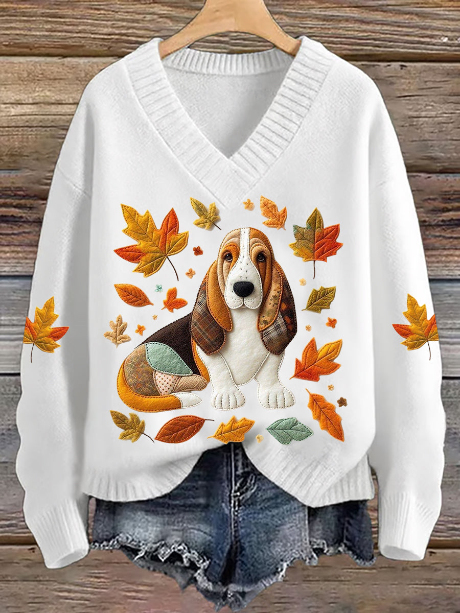 Women's Dog Maple Leaf V-neck imitation sweater