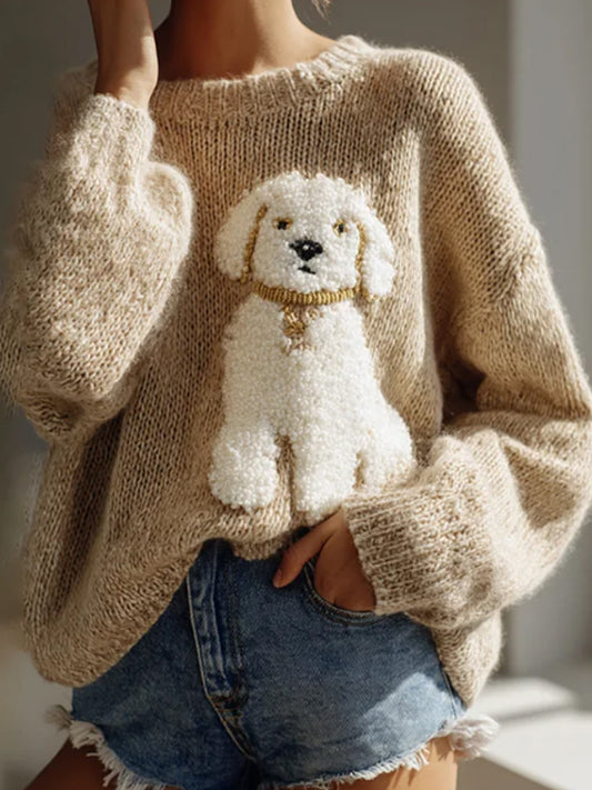 Women's Fuzzy Dog Felt Cozy Knit Sweater