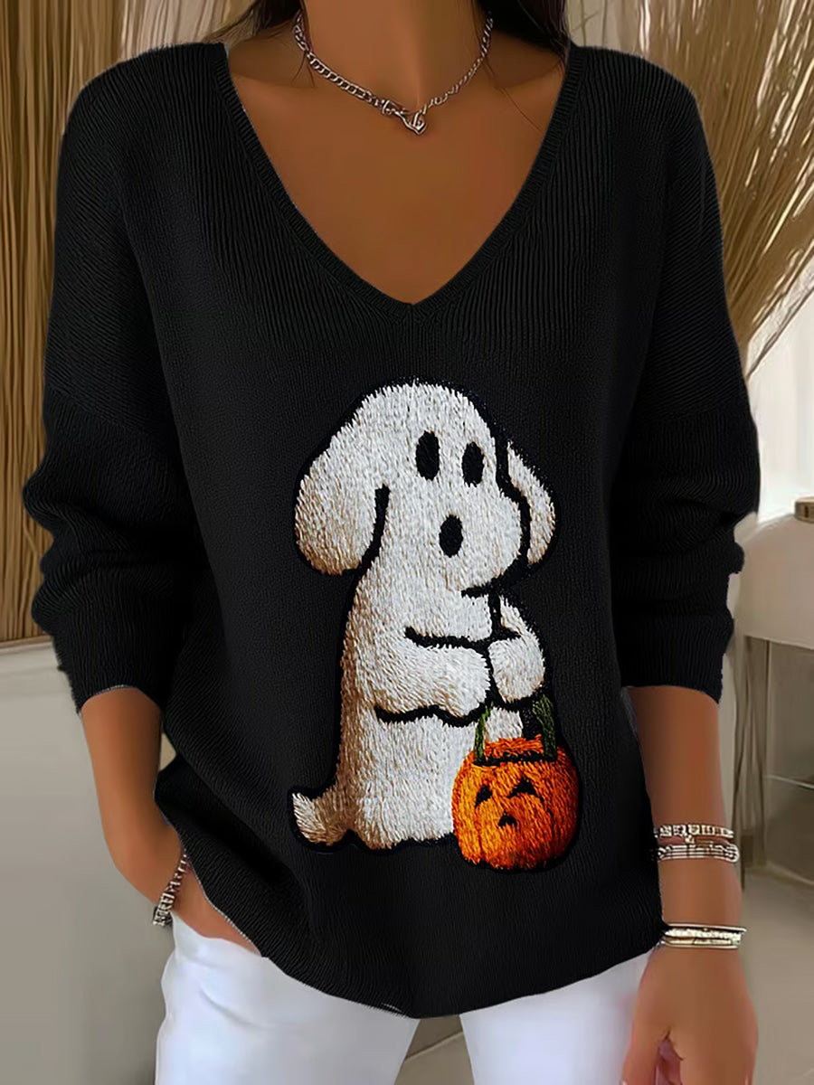 Women's Halloween Dog Pumpkin Art Print V-Neck Ribbed Top