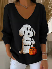 Women's Halloween Dog Pumpkin Art Print V-Neck Ribbed Top