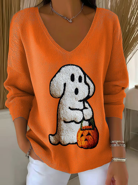 Women's Halloween Dog Pumpkin Art Print V-Neck Ribbed Top