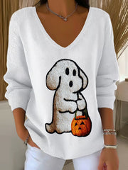 Women's Halloween Dog Pumpkin Art Print V-Neck Ribbed Top