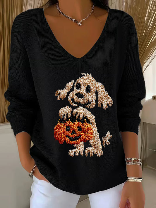 Women's Halloween Dog Pumpkin Art Print V-Neck Ribbed Top