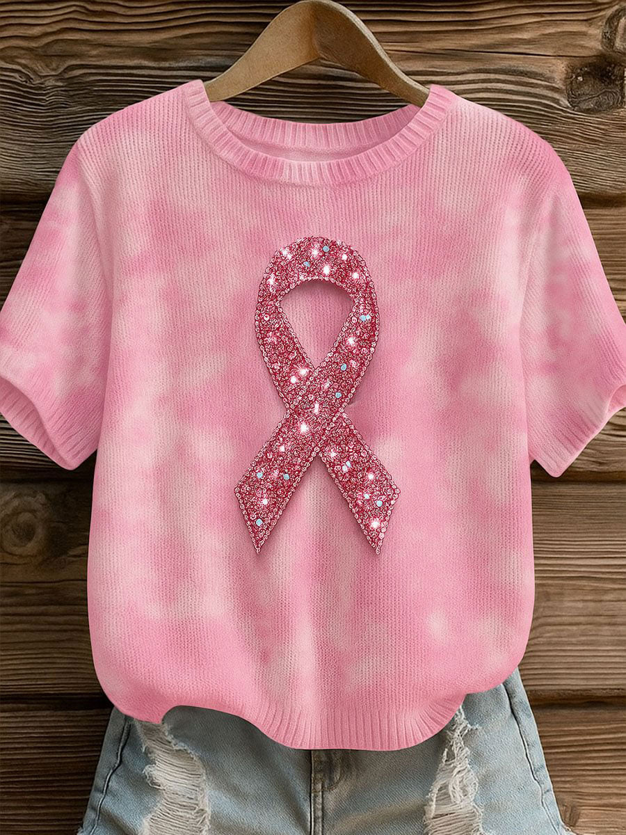 Women's Breast Cancer Awareness Pink Ribbon Print Casual T-shirt