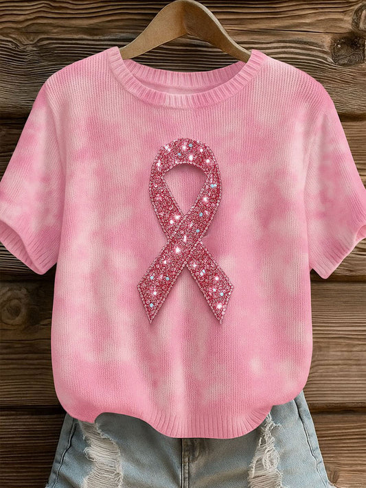 Women's Breast Cancer Awareness Pink Ribbon Print Casual T-shirt