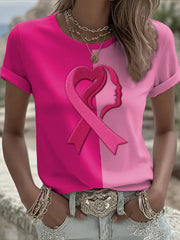 Women's Casual Breast Cancer Love Ribbon Contrast Color Short-sleeved T-shirt