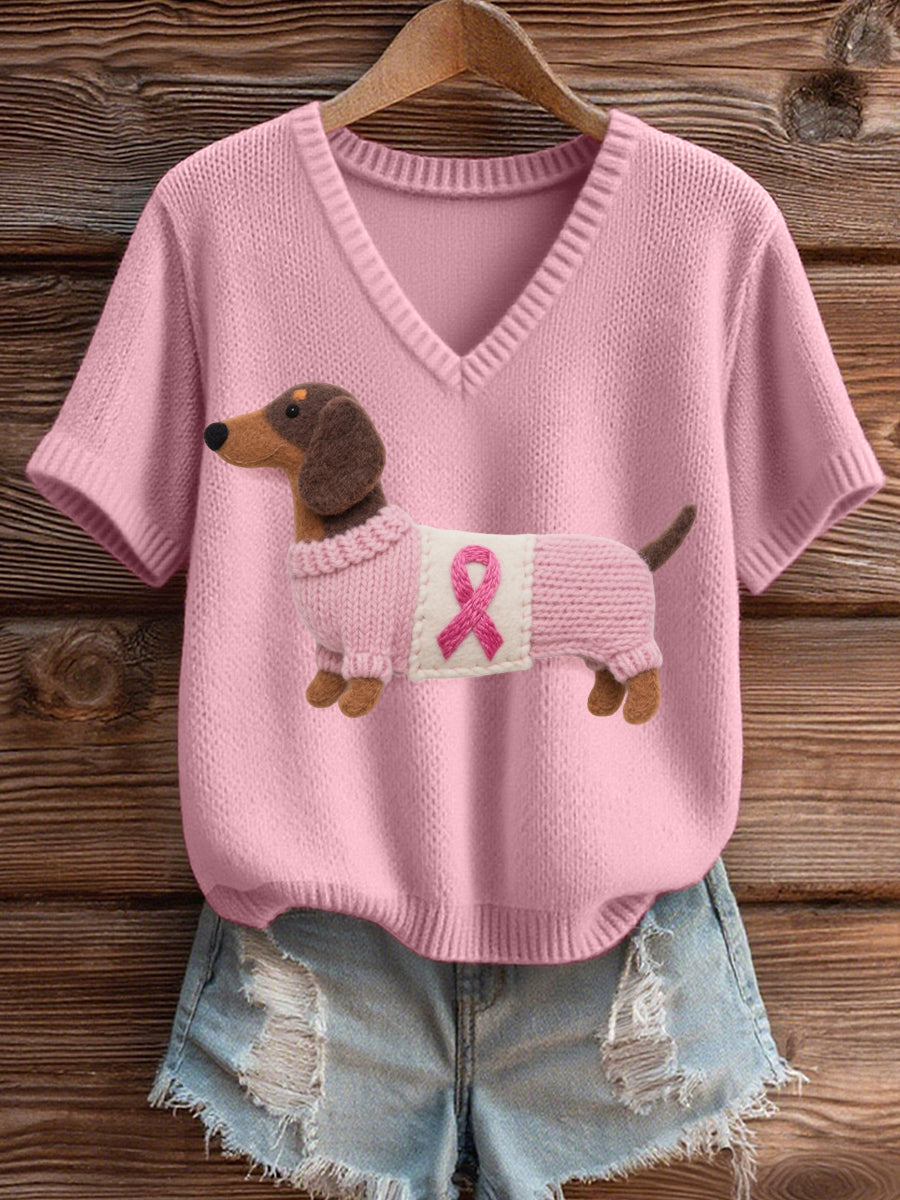 Women's Felt Art Dachshund Pattern Cozy V-Neck Knit Top