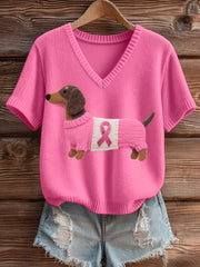 Women's Felt Art Dachshund Pattern Cozy V-Neck Knit Top
