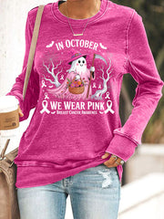 Women's In October We Wear Pink Halloween Pink Ghost Breast Cancer Awareness Sweatshirt