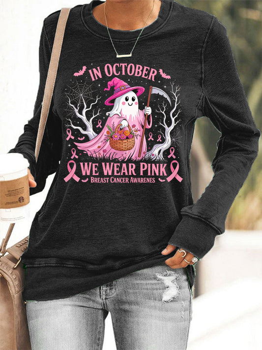 Women's In October We Wear Pink Halloween Pink Ghost Breast Cancer Awareness Sweatshirt