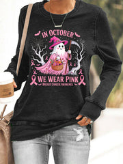 Women's In October We Wear Pink Halloween Pink Ghost Breast Cancer Awareness Sweatshirt