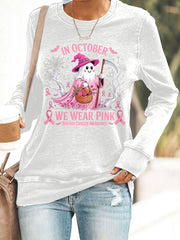 Women's In October We Wear Pink Halloween Pink Ghost Breast Cancer Awareness Sweatshirt