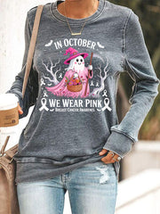 Women's In October We Wear Pink Halloween Pink Ghost Breast Cancer Awareness Sweatshirt