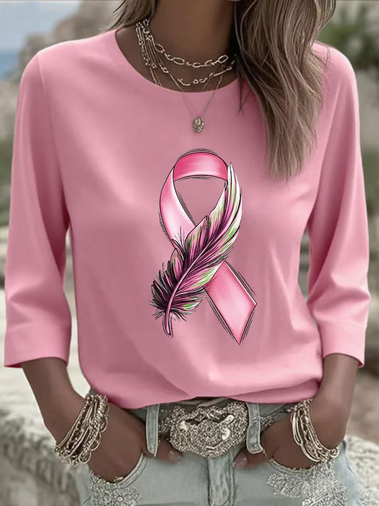 Women's Breast Cancer Awareness Pink Ribbon Printed  Long Sleeve Shirt
