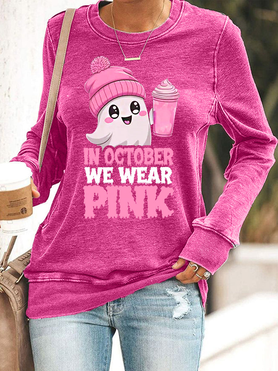Women's In October We Wear Pink Halloween Pink Ghost Breast Cancer Awareness Sweatshirt