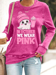 Women's In October We Wear Pink Halloween Pink Ghost Breast Cancer Awareness Sweatshirt