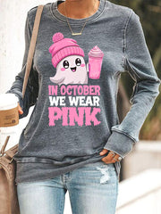 Women's In October We Wear Pink Halloween Pink Ghost Breast Cancer Awareness Sweatshirt