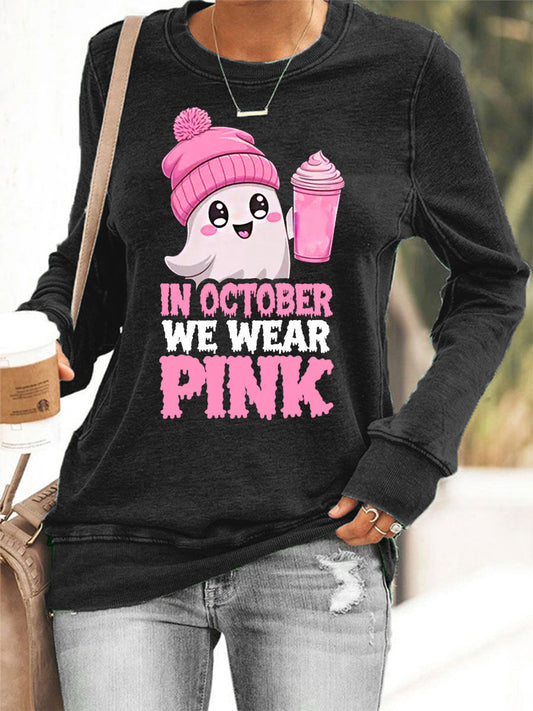 Women's In October We Wear Pink Halloween Pink Ghost Breast Cancer Awareness Sweatshirt